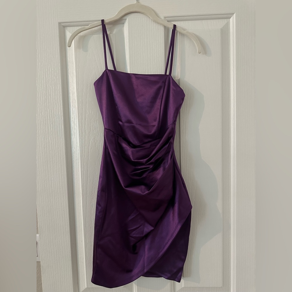 Windsor Square Neck Faux Wrap Purple Satin Mini Dress - Perfect for Homecoming